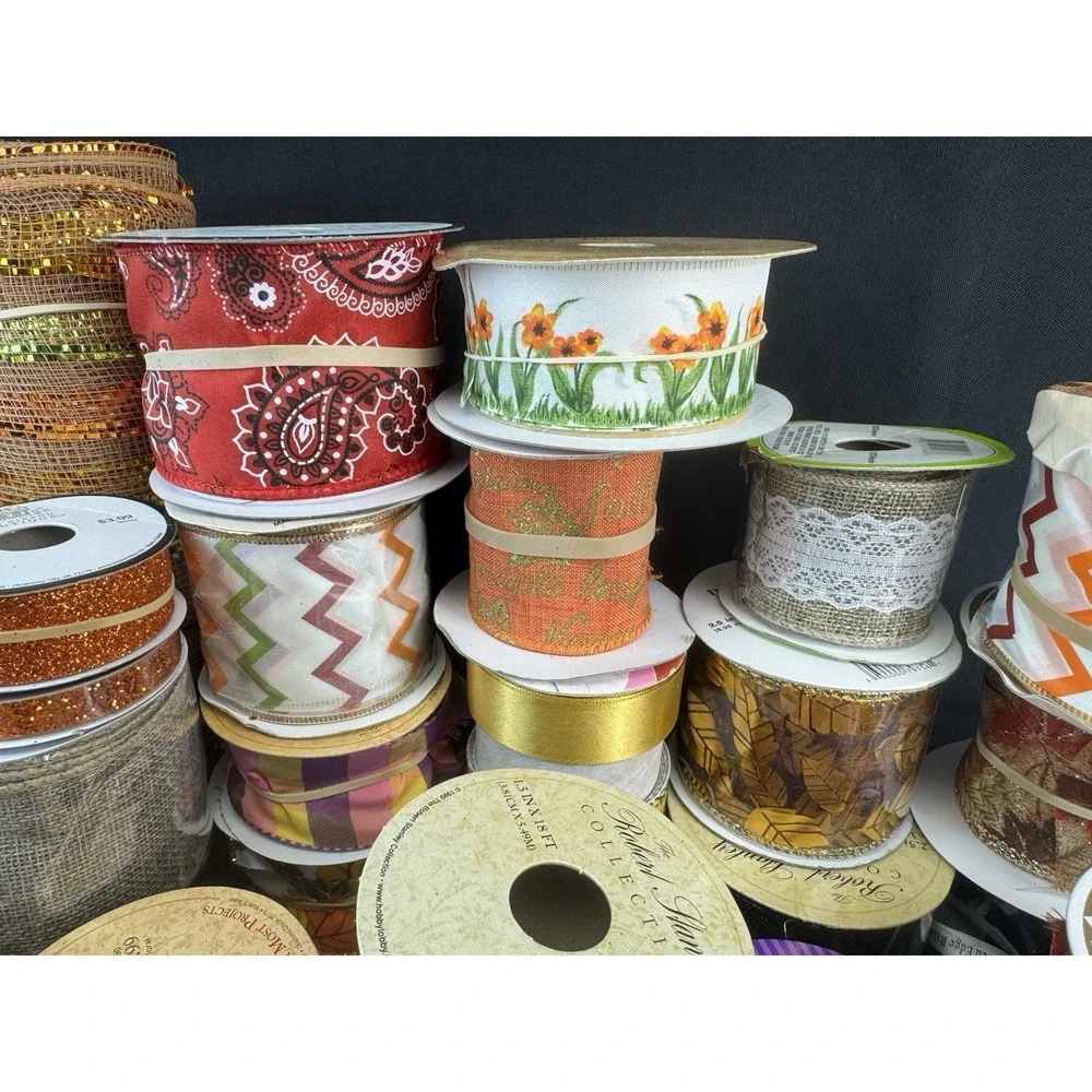 Lot Of 30+ Fall/Halloween Craft Wired Ribbon New & Used